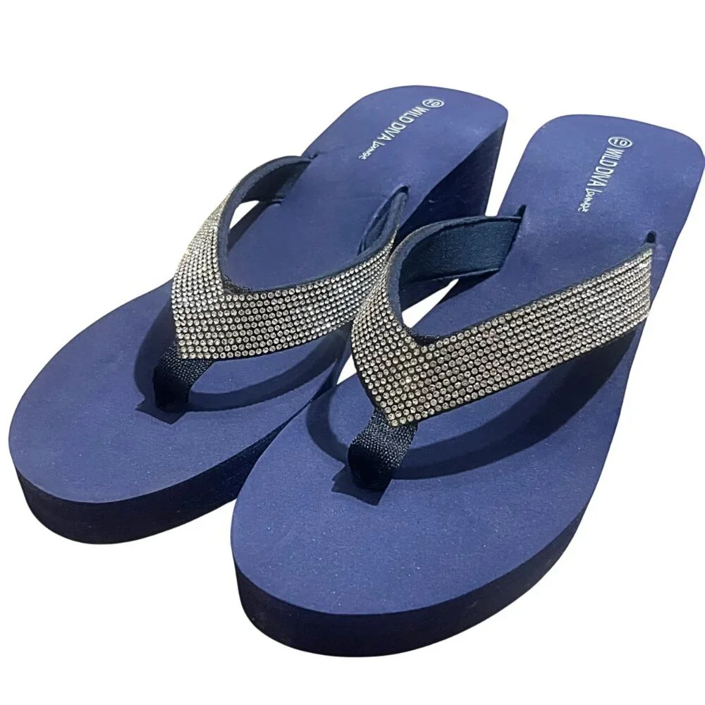 Wild Diva Heatwave-01 EVA Foam Thong Rhinestone Retro Platform Wedge Sandals 10